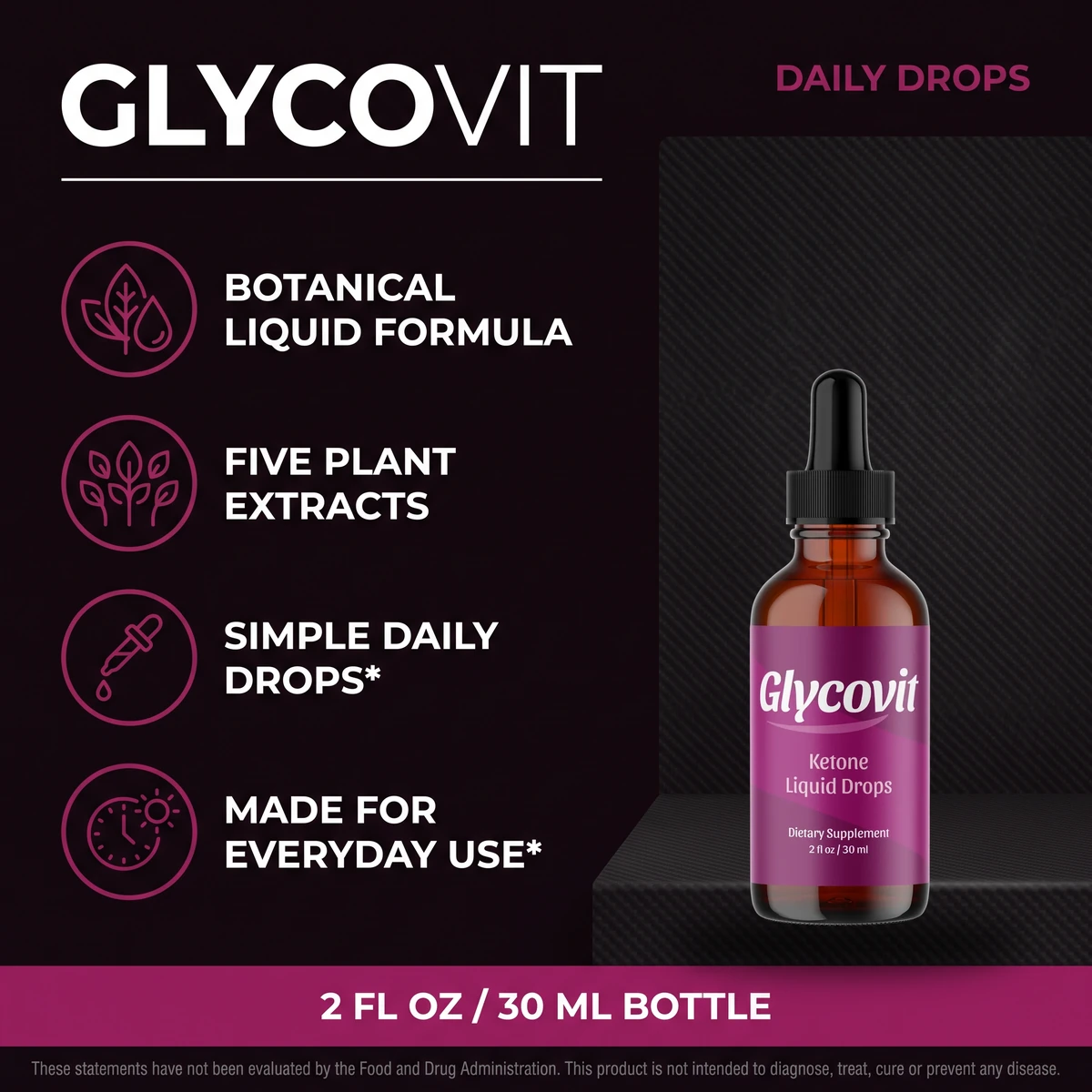 Glycovit daily blood sugar support drops, a botanical liquid formula bottle with dropper and plant ingredients