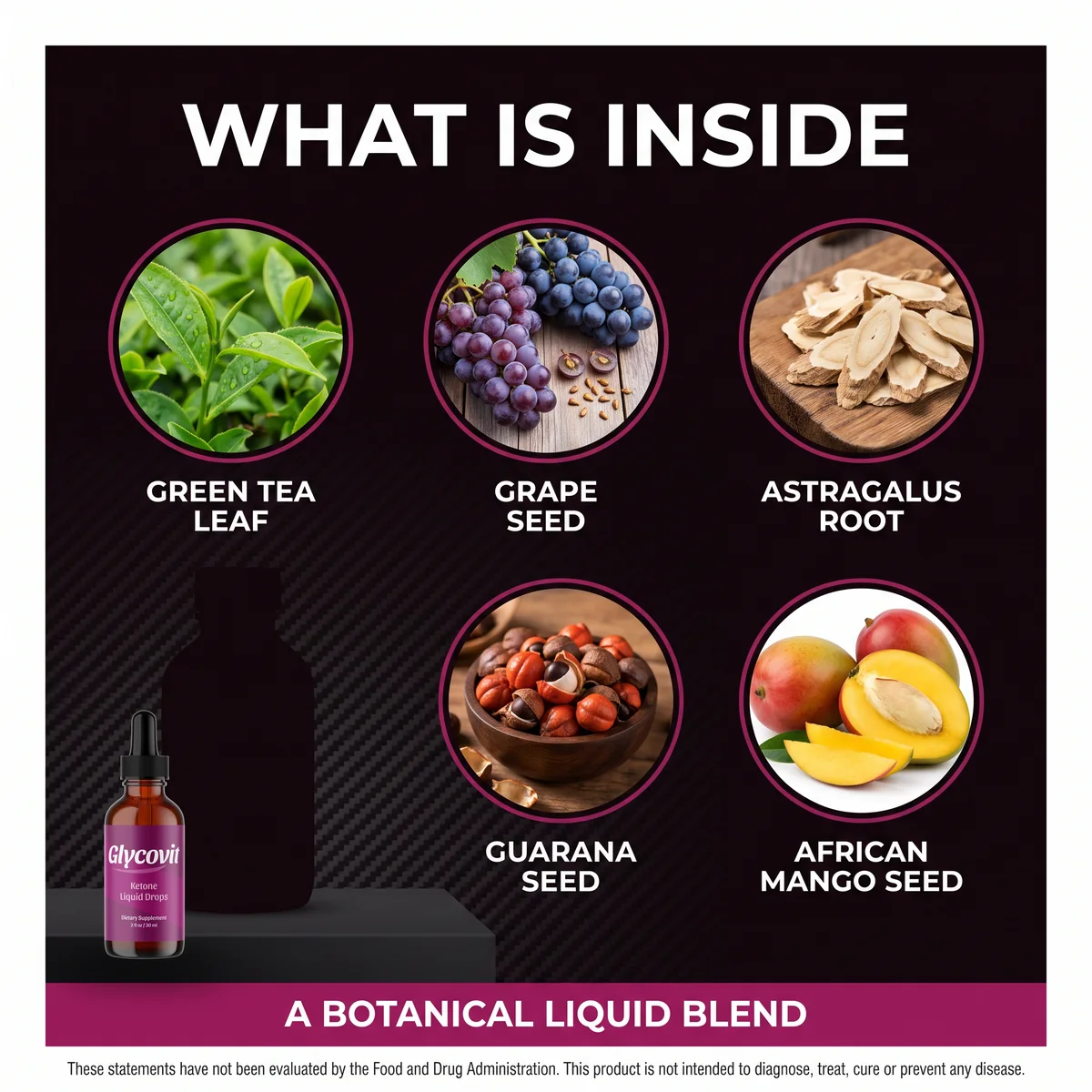 Glycovit ingredients: green tea leaf, grape seed and astragalus root beside the bottle
